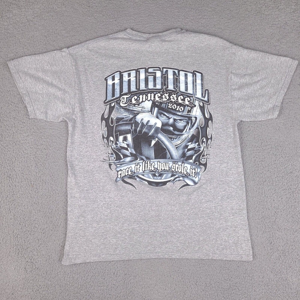 Bristol Tennessee T-Shirt Mens Large Nascar 2010 Gray Race It Like You Stole It